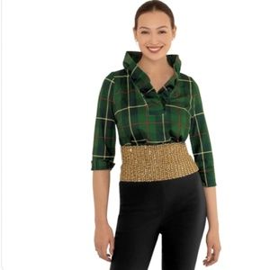 NWT Gretchen Scott Ruffneck Top - Plaidly Cooper - Green Multi